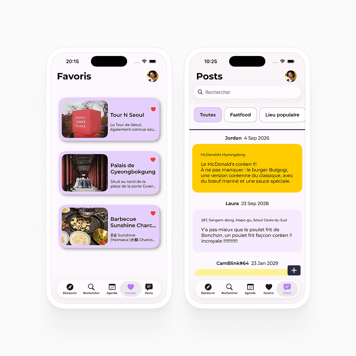 Ecrans Favoris & Posts.